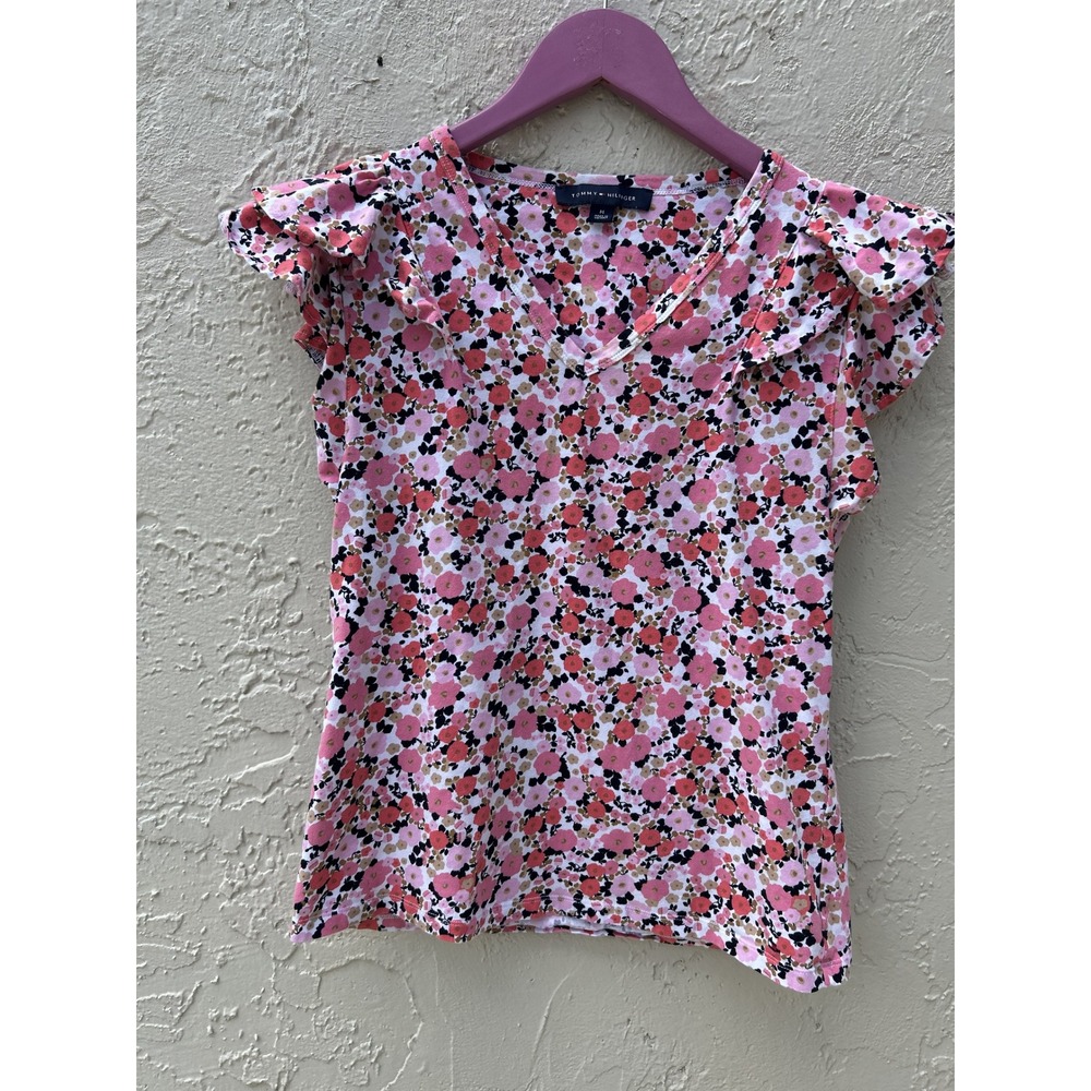 Tommy Hilfiger Pink Floral Flutter Sleeve V-Neck Blouse Top Womens Medium